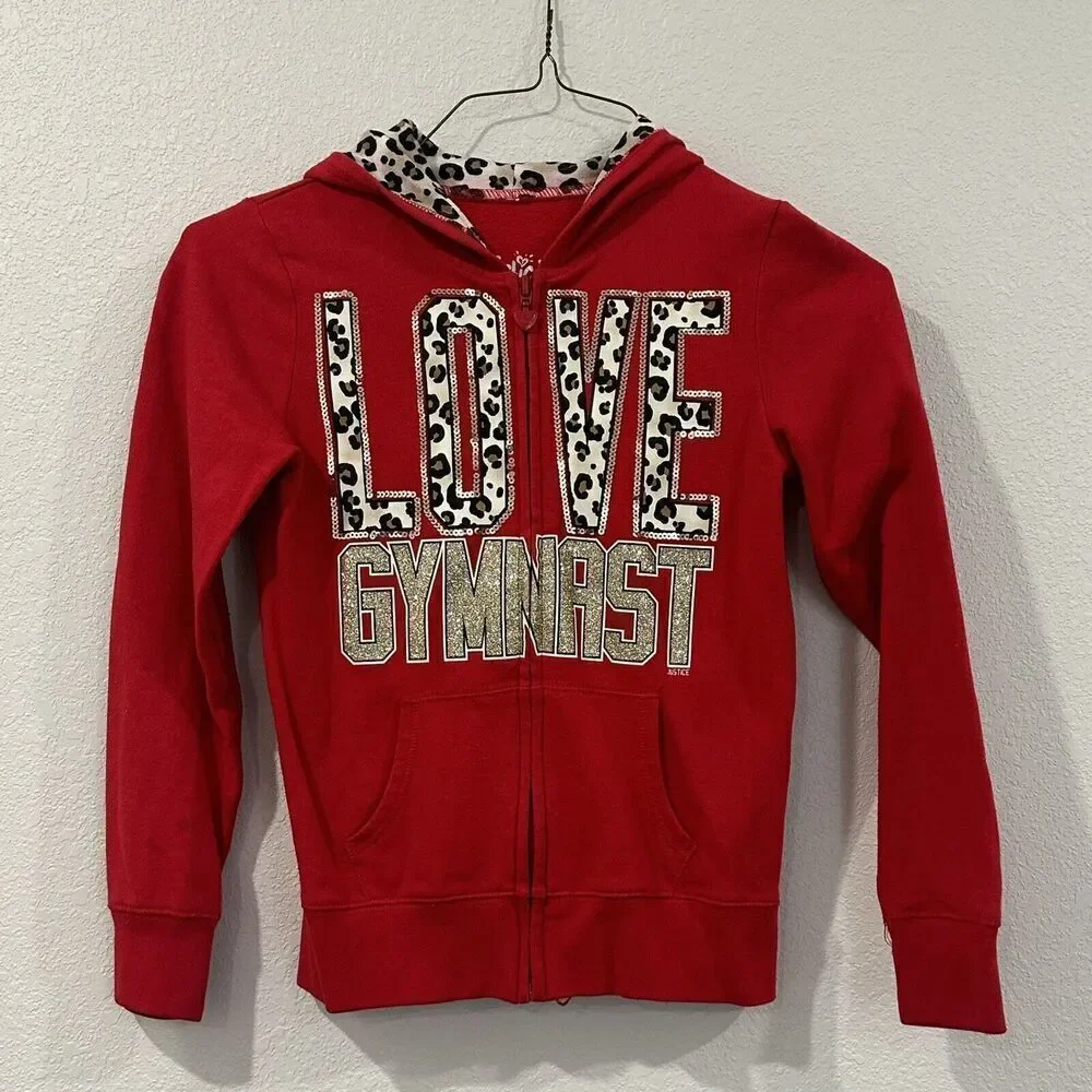 Justice Red Leopard‎ SPARKLE  Zip Up Jacket Youth Girls Size 8 Gymnastics Cheer